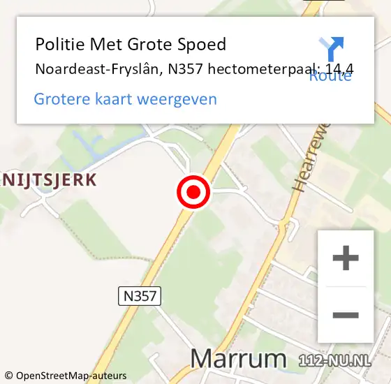 Locatie op kaart van de 112 melding: Politie Met Grote Spoed Naar Noardeast-Fryslân, N357 hectometerpaal: 14,4 op 15 juni 2022 22:53
