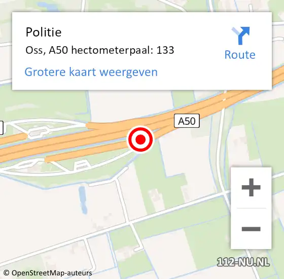 Locatie op kaart van de 112 melding: Politie Oss, A50 hectometerpaal: 133 op 15 juni 2022 23:29