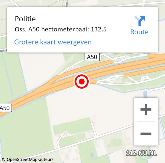 Locatie op kaart van de 112 melding: Politie Oss, A50 hectometerpaal: 132,5 op 15 juni 2022 23:29