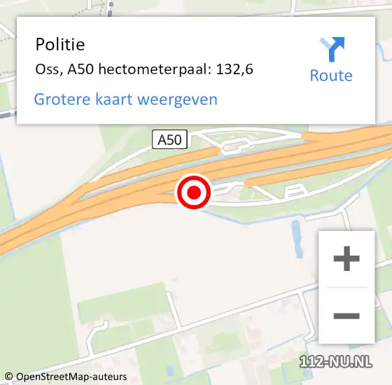 Locatie op kaart van de 112 melding: Politie Oss, A50 hectometerpaal: 132,6 op 15 juni 2022 23:33