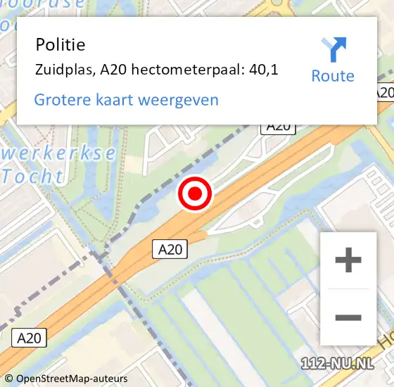 Locatie op kaart van de 112 melding: Politie Zuidplas, A20 hectometerpaal: 40,1 op 16 juni 2022 06:30