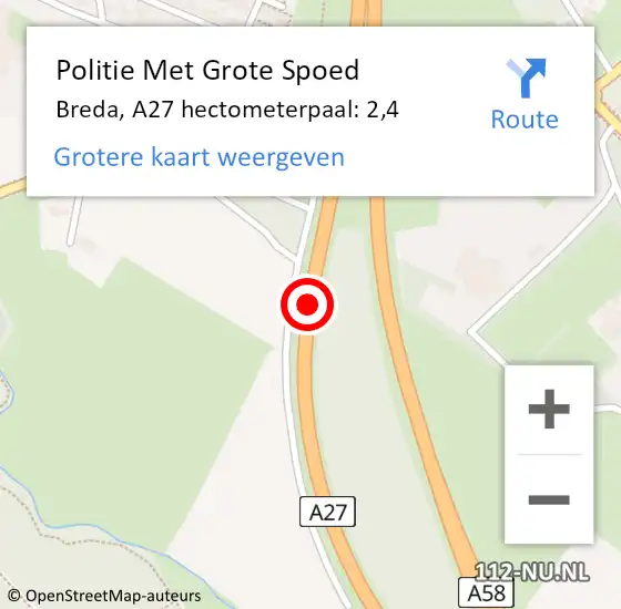 Locatie op kaart van de 112 melding: Politie Met Grote Spoed Naar Breda, A27 hectometerpaal: 2,4 op 16 juni 2022 06:47