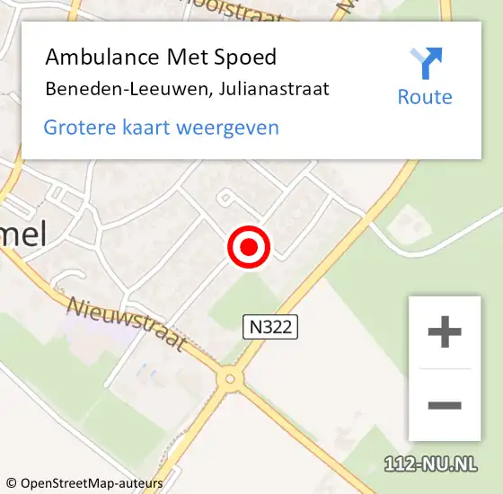 Locatie op kaart van de 112 melding: Ambulance Met Spoed Naar Beneden-Leeuwen, Julianastraat op 16 juni 2022 07:57