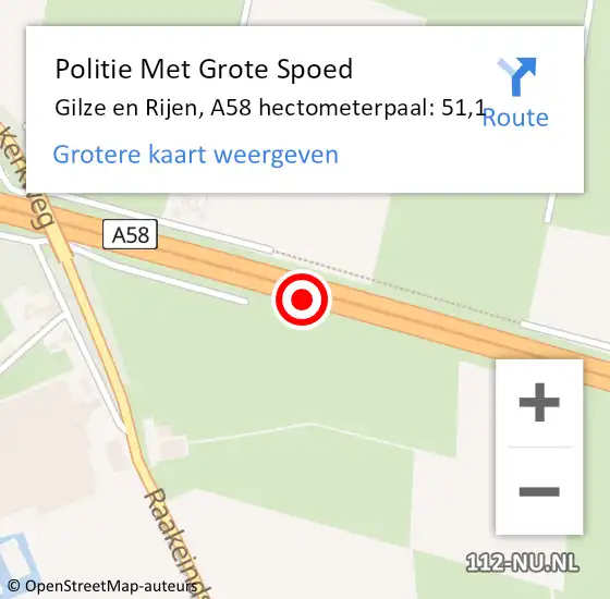 Locatie op kaart van de 112 melding: Politie Met Grote Spoed Naar Gilze en Rijen, A58 hectometerpaal: 51,1 op 16 juni 2022 07:59