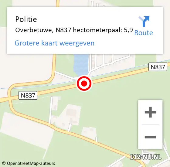 Locatie op kaart van de 112 melding: Politie Overbetuwe, N837 hectometerpaal: 5,9 op 16 juni 2022 08:26