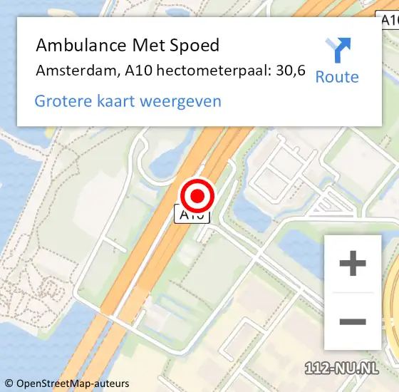 Locatie op kaart van de 112 melding: Ambulance Met Spoed Naar Amsterdam, A10 hectometerpaal: 30,6 op 16 juni 2022 08:29