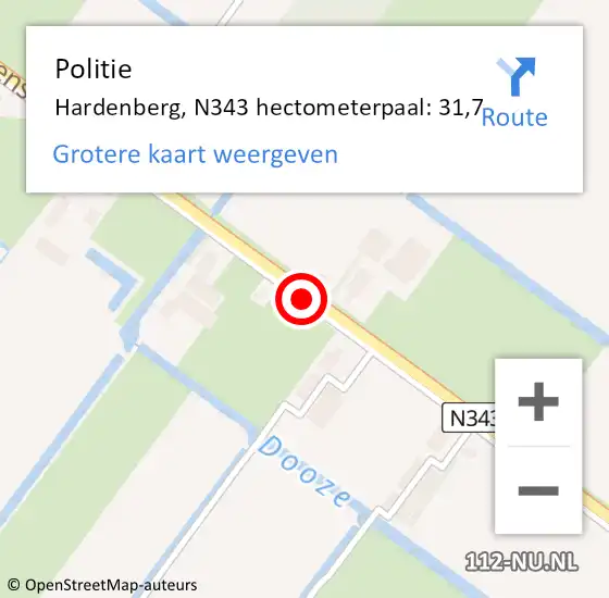 Locatie op kaart van de 112 melding: Politie Hardenberg, N343 hectometerpaal: 31,7 op 16 juni 2022 08:32