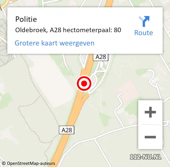 Locatie op kaart van de 112 melding: Politie Oldebroek, A28 hectometerpaal: 80 op 16 juni 2022 08:57