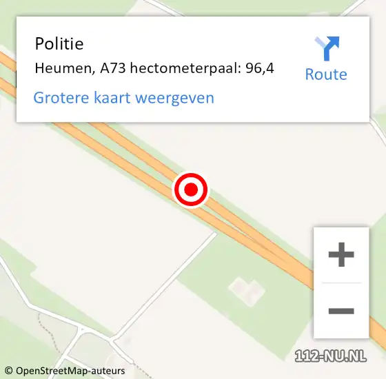 Locatie op kaart van de 112 melding: Politie Heumen, A73 hectometerpaal: 96,4 op 16 juni 2022 09:18