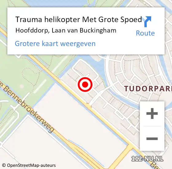 Locatie op kaart van de 112 melding: Trauma helikopter Met Grote Spoed Naar Hoofddorp, Laan van Buckingham op 16 juni 2022 11:04