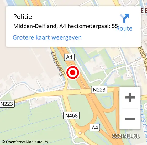 Locatie op kaart van de 112 melding: Politie Midden-Delfland, A4 hectometerpaal: 55 op 16 juni 2022 11:15