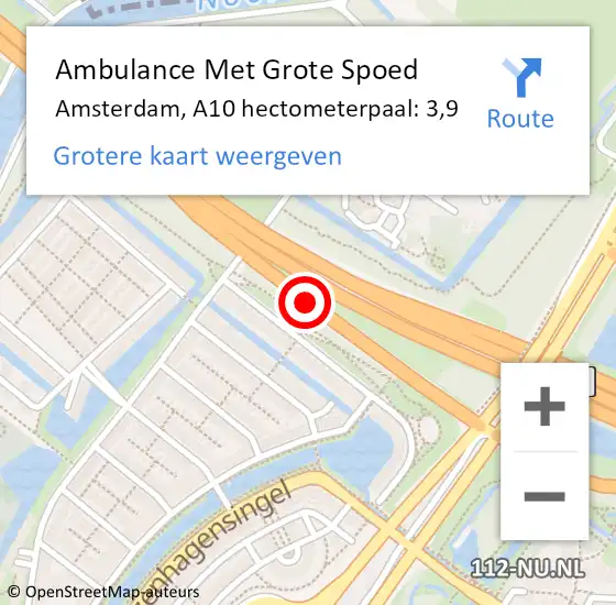 Locatie op kaart van de 112 melding: Ambulance Met Grote Spoed Naar Amsterdam, A10 hectometerpaal: 3,9 op 16 juni 2022 12:23