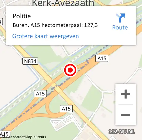 Locatie op kaart van de 112 melding: Politie Buren, A15 hectometerpaal: 127,3 op 16 juni 2022 13:25