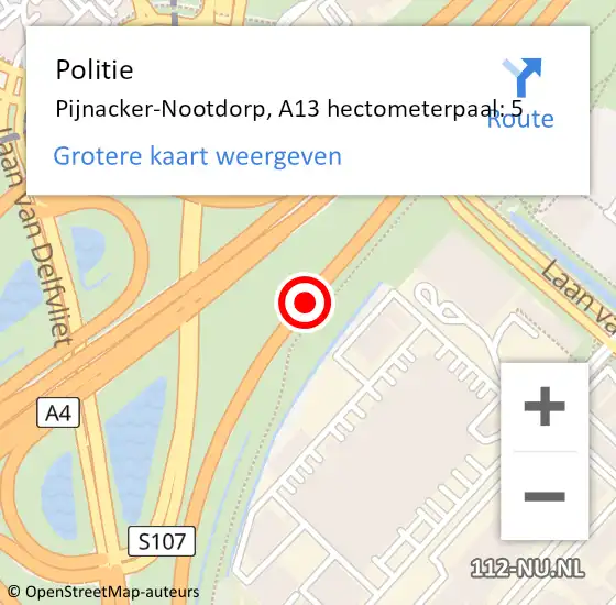 Locatie op kaart van de 112 melding: Politie Den Haag, A13 hectometerpaal: 5 op 16 juni 2022 14:25