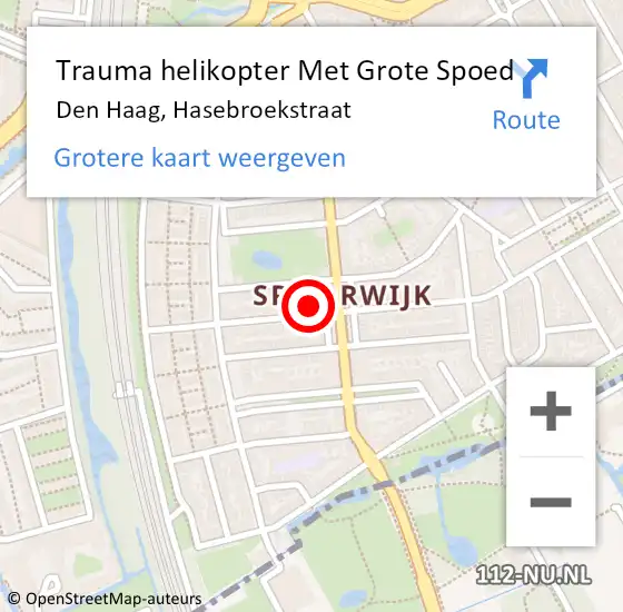 Locatie op kaart van de 112 melding: Trauma helikopter Met Grote Spoed Naar Den Haag, Hasebroekstraat op 16 juni 2022 14:33