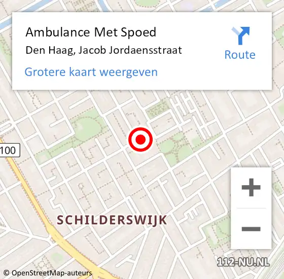 Locatie op kaart van de 112 melding: Ambulance Met Spoed Naar Den Haag, Jacob Jordaensstraat op 16 juni 2022 15:02