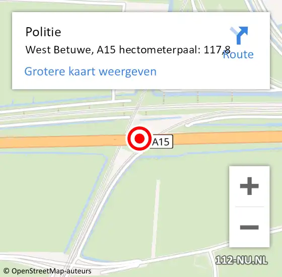 Locatie op kaart van de 112 melding: Politie West Betuwe, A15 hectometerpaal: 117,8 op 16 juni 2022 15:19
