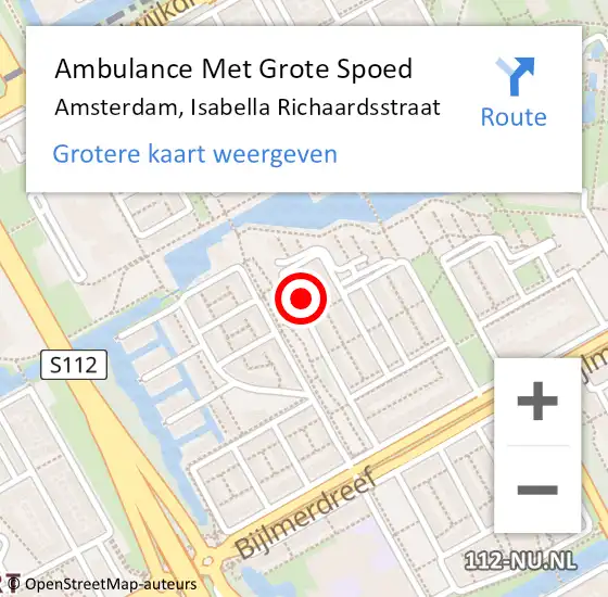 Locatie op kaart van de 112 melding: Ambulance Met Grote Spoed Naar Amsterdam-Zuidoost, Isabella Richaardsstraat op 16 juni 2022 16:19