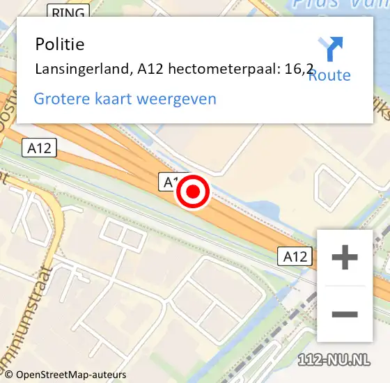 Locatie op kaart van de 112 melding: Politie Lansingerland, A12 hectometerpaal: 16,2 op 16 juni 2022 16:31