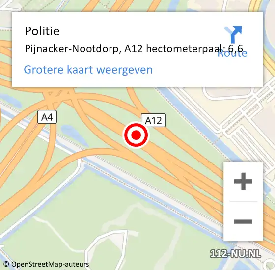 Locatie op kaart van de 112 melding: Politie Pijnacker-Nootdorp, A12 hectometerpaal: 6,6 op 16 juni 2022 16:41