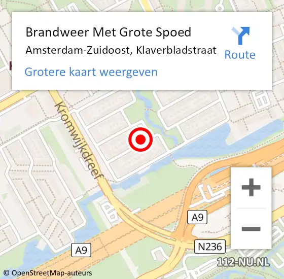 Locatie op kaart van de 112 melding: Brandweer Met Grote Spoed Naar Amsterdam-Zuidoost, Klaverbladstraat op 16 juni 2022 16:45