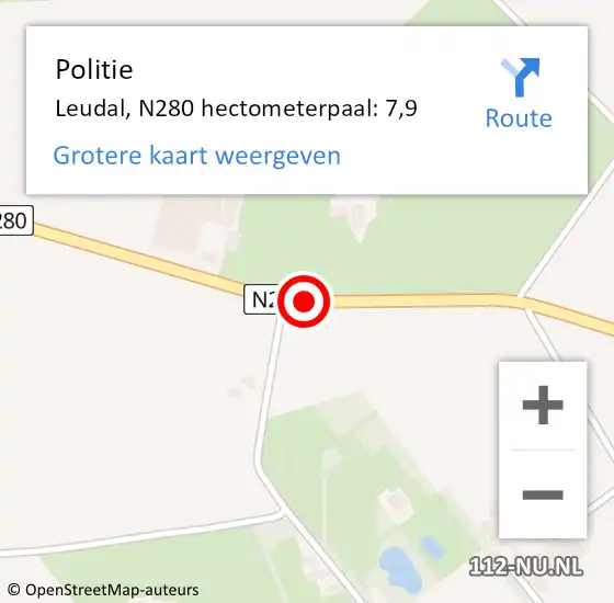 Locatie op kaart van de 112 melding: Politie Leudal, N280 hectometerpaal: 7,9 op 16 juni 2022 16:46