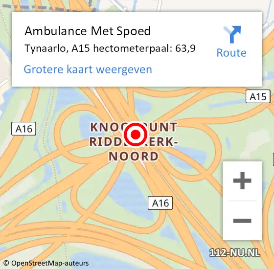 Locatie op kaart van de 112 melding: Ambulance Met Spoed Naar Tynaarlo, A15 hectometerpaal: 63,9 op 16 juni 2022 16:47