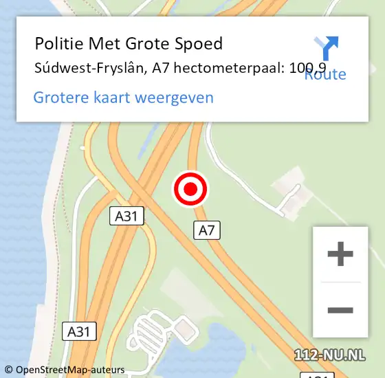 Locatie op kaart van de 112 melding: Politie Met Grote Spoed Naar Súdwest-Fryslân, A7 hectometerpaal: 100,9 op 16 juni 2022 17:48