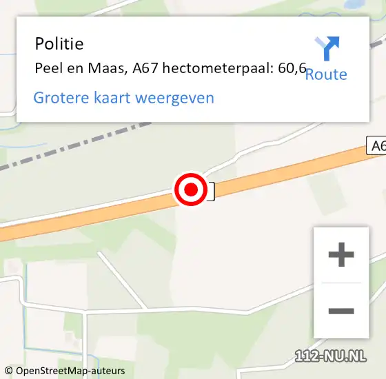 Locatie op kaart van de 112 melding: Politie Peel en Maas, A67 hectometerpaal: 60,6 op 16 juni 2022 18:35