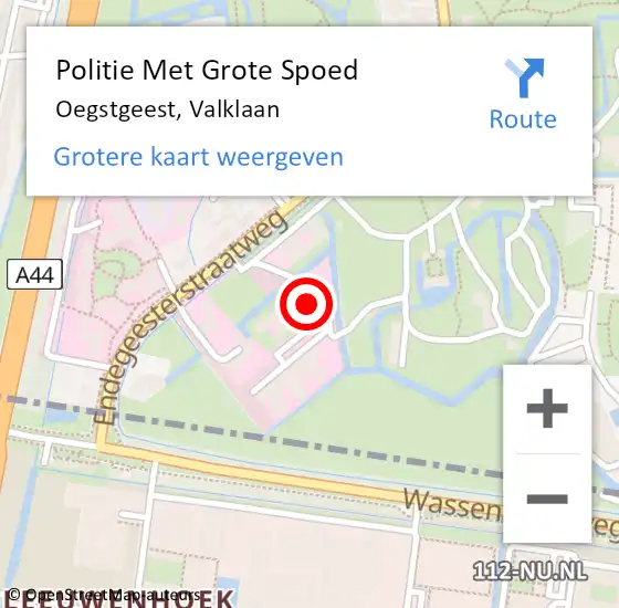 Locatie op kaart van de 112 melding: Politie Met Grote Spoed Naar Oegstgeest, Valklaan op 16 juni 2022 19:17