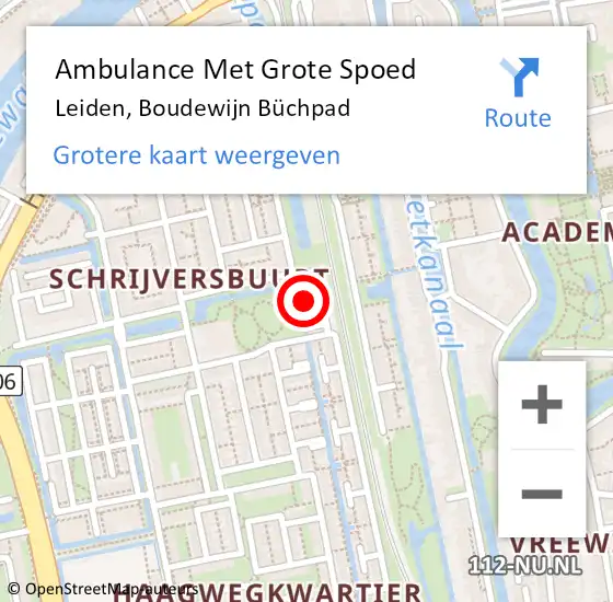 Locatie op kaart van de 112 melding: Ambulance Met Grote Spoed Naar Leiden, Boudewijn Büchpad op 16 juni 2022 19:42