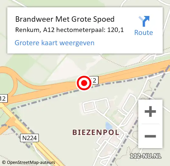 Locatie op kaart van de 112 melding: Brandweer Met Grote Spoed Naar Renkum, A12 hectometerpaal: 120,1 op 16 juni 2022 20:10