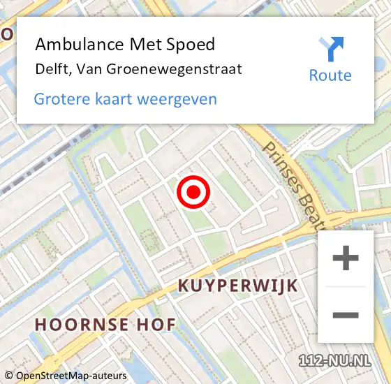 Locatie op kaart van de 112 melding: Ambulance Met Spoed Naar Delft, Van Groenewegenstraat op 16 juni 2022 21:09
