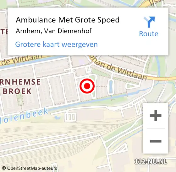 Locatie op kaart van de 112 melding: Ambulance Met Grote Spoed Naar Arnhem, Van Diemenhof op 16 juni 2022 21:22