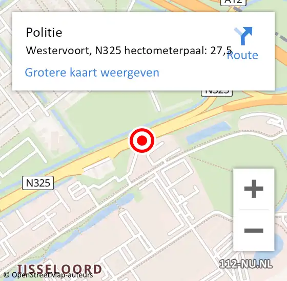 Locatie op kaart van de 112 melding: Politie Westervoort, N325 hectometerpaal: 27,5 op 16 juni 2022 21:42