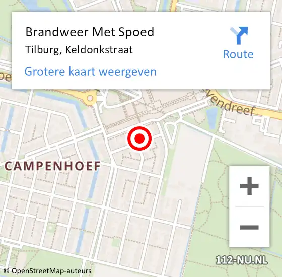 Locatie op kaart van de 112 melding: Brandweer Met Spoed Naar Tilburg, Keldonkstraat op 16 juni 2022 21:48