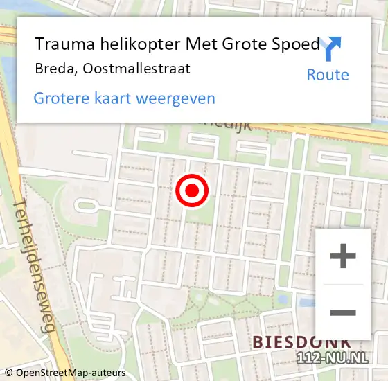 Locatie op kaart van de 112 melding: Trauma helikopter Met Grote Spoed Naar Breda, Oostmallestraat op 17 juni 2022 00:48