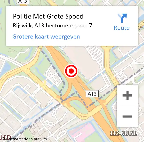 Locatie op kaart van de 112 melding: Politie Met Grote Spoed Naar Rijswijk, A13 hectometerpaal: 7 op 17 juni 2022 05:46