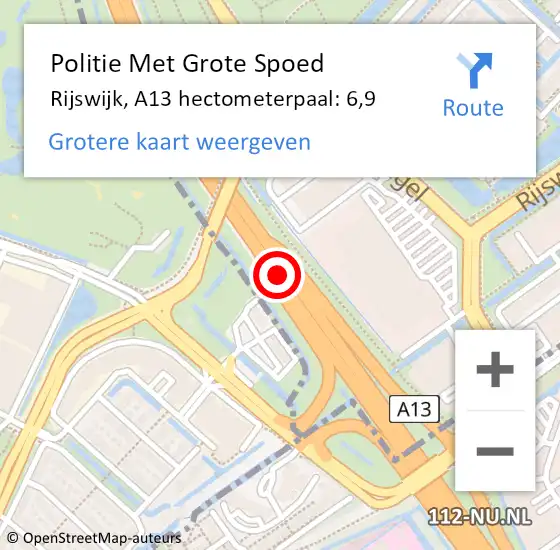 Locatie op kaart van de 112 melding: Politie Met Grote Spoed Naar Rijswijk, A13 hectometerpaal: 6,9 op 17 juni 2022 05:46