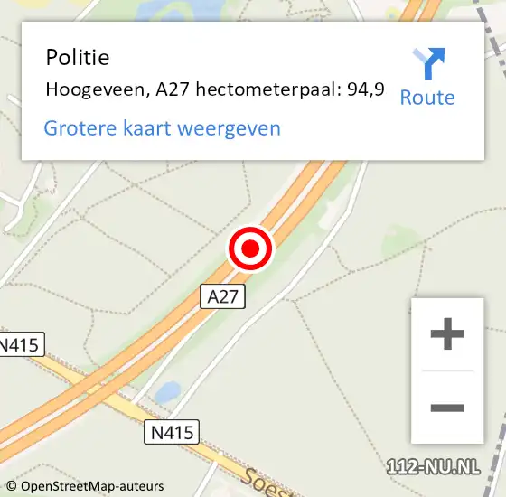 Locatie op kaart van de 112 melding: Politie Hoogeveen, A27 hectometerpaal: 94,9 op 17 juni 2022 07:10