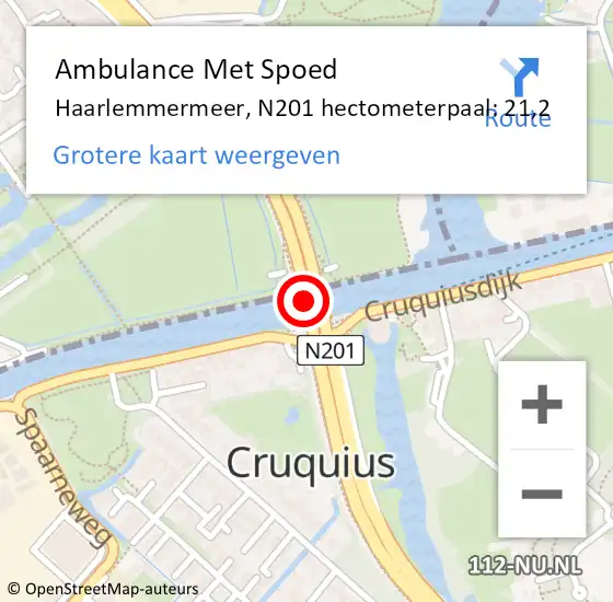 Locatie op kaart van de 112 melding: Ambulance Met Spoed Naar Haarlemmermeer, N201 hectometerpaal: 21,2 op 17 juni 2022 08:49