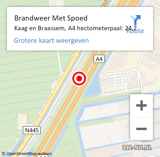 Locatie op kaart van de 112 melding: Brandweer Met Spoed Naar Kaag en Braassem, A4 hectometerpaal: 24,2 op 17 juni 2022 09:17