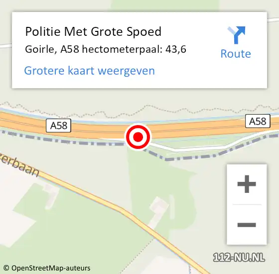 Locatie op kaart van de 112 melding: Politie Met Grote Spoed Naar Goirle, A58 hectometerpaal: 43,6 op 17 juni 2022 12:36