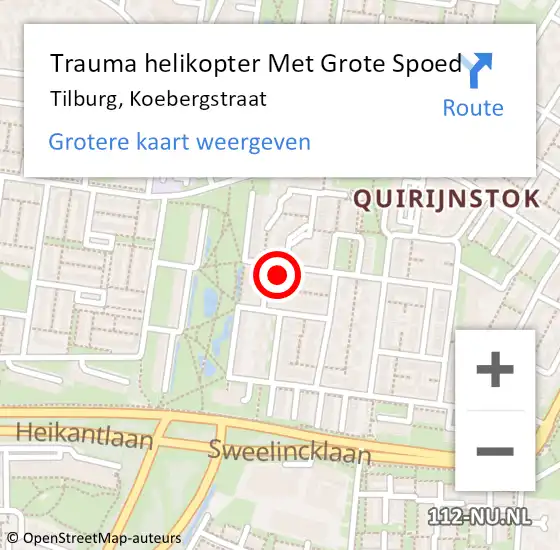 Locatie op kaart van de 112 melding: Trauma helikopter Met Grote Spoed Naar Tilburg, Koebergstraat op 17 juni 2022 13:48