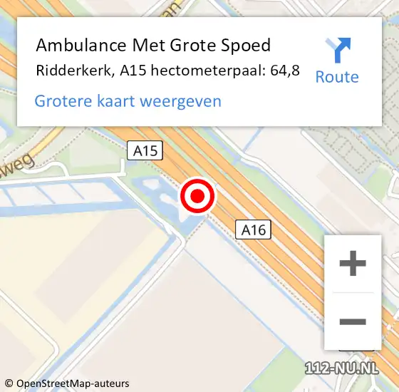 Locatie op kaart van de 112 melding: Ambulance Met Grote Spoed Naar Ridderkerk, A15 hectometerpaal: 64,8 op 17 juni 2022 14:59