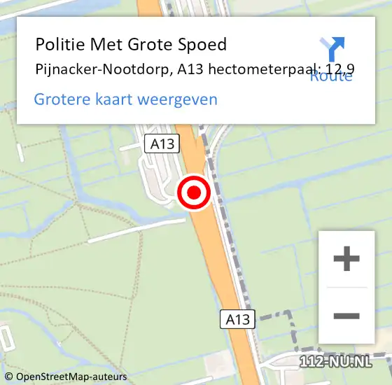 Locatie op kaart van de 112 melding: Politie Met Grote Spoed Naar Pijnacker-Nootdorp, A13 hectometerpaal: 12,9 op 17 juni 2022 15:30
