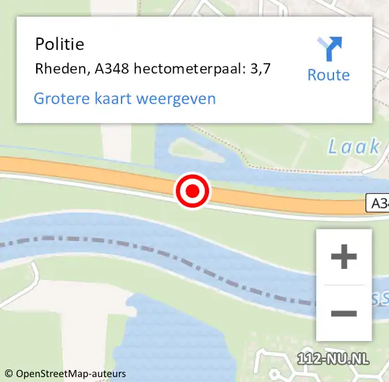 Locatie op kaart van de 112 melding: Politie Rheden, A348 hectometerpaal: 3,7 op 17 juni 2022 15:39