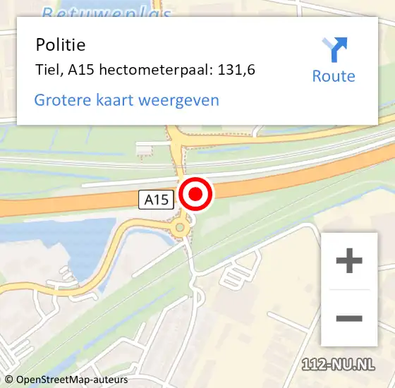 Locatie op kaart van de 112 melding: Politie Tiel, A15 hectometerpaal: 131,6 op 17 juni 2022 15:41