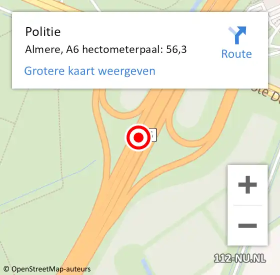 Locatie op kaart van de 112 melding: Politie Almere, A6 hectometerpaal: 56,3 op 17 juni 2022 15:43