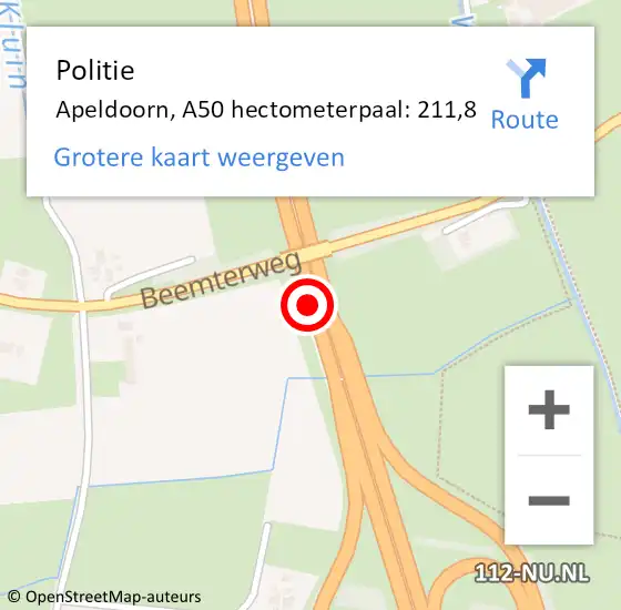 Locatie op kaart van de 112 melding: Politie Apeldoorn, A50 hectometerpaal: 211,8 op 17 juni 2022 16:46